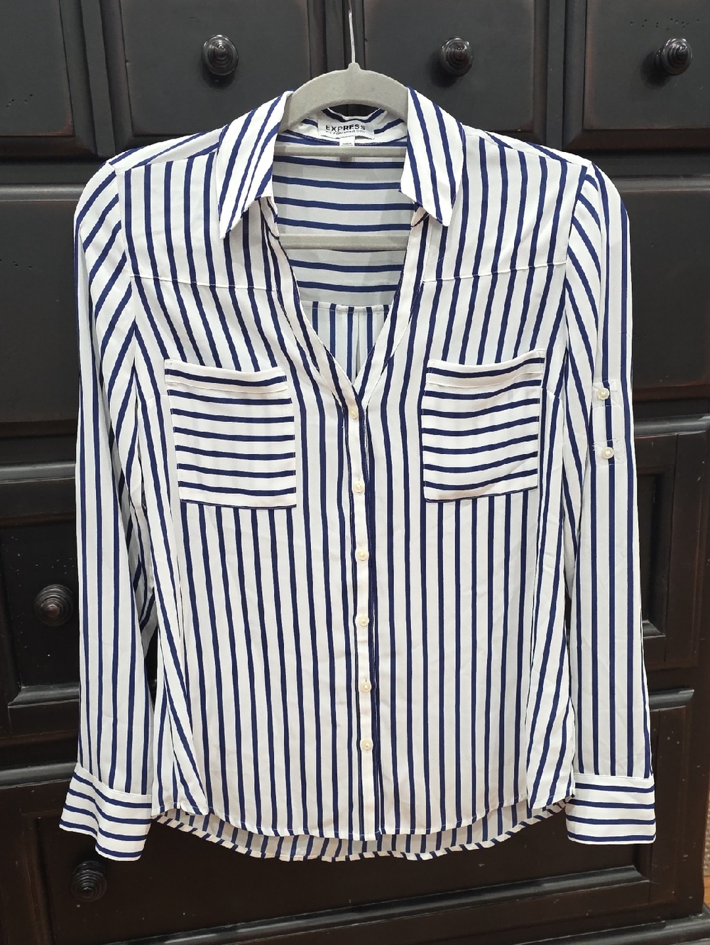 Express White and Navy Striped Button-Down Shirt